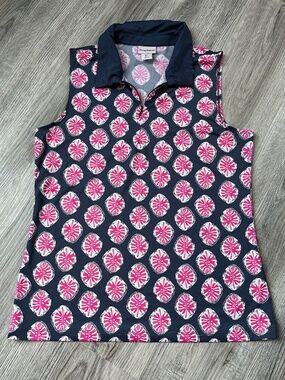 Tommy Bahama Golf Polo L Sleeveless Top UPF Wicking Zip Navy Pink Tropical